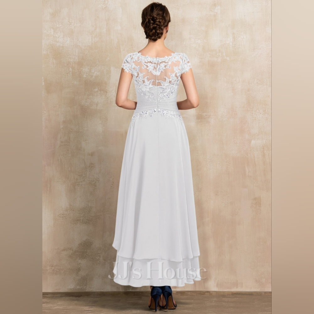 A-Line Scoop Illusion Asymmetrical Chiffon Lace Bridal Wedding Dress NWT Size 4 - Picture 2 of 7